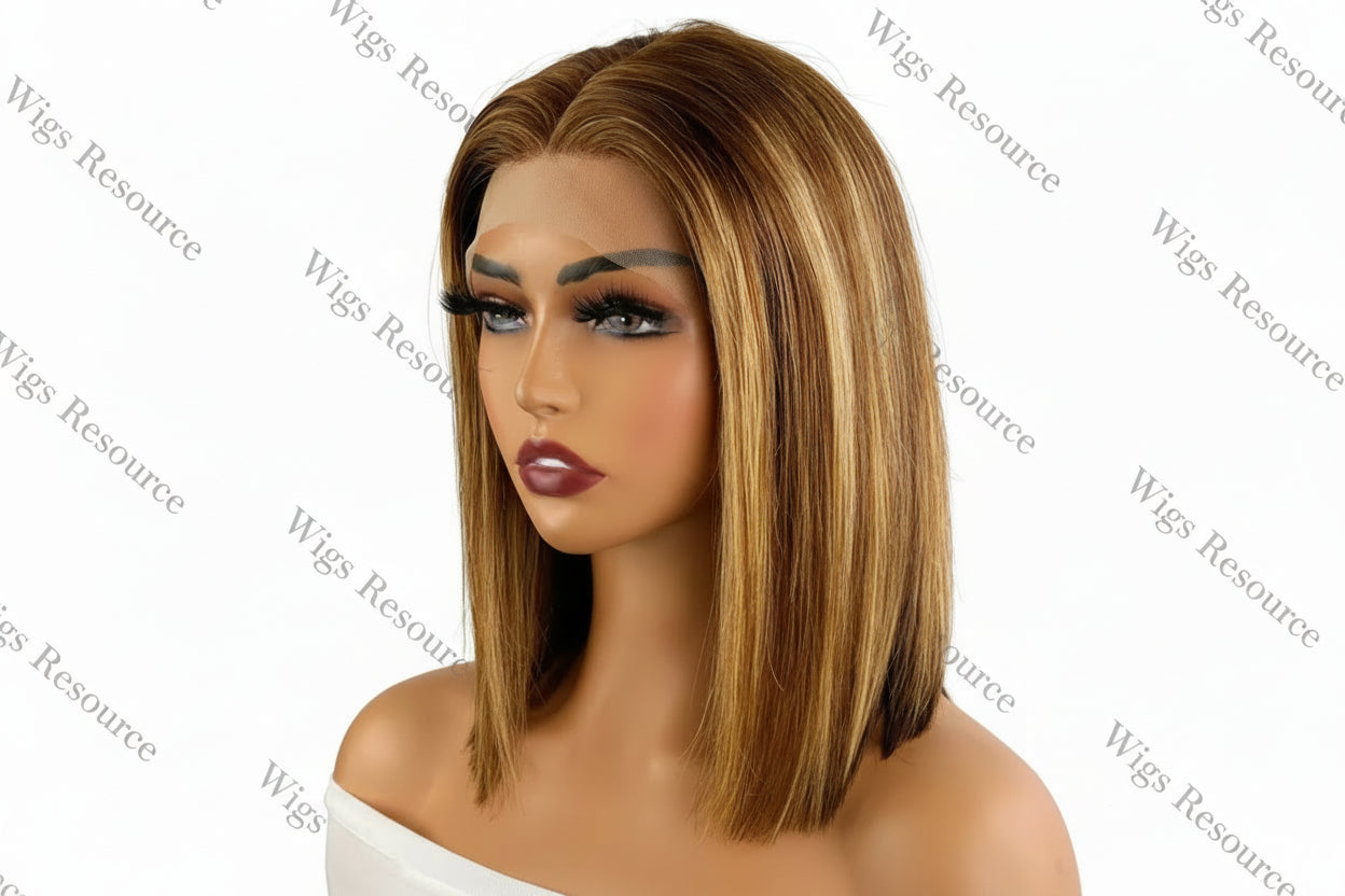 Glueless Transparent Lace Front Short Bob Wig - Brazilian Human Hair, HD Lace Frontal, Straight (P4/27), 13x4 Lace Size"