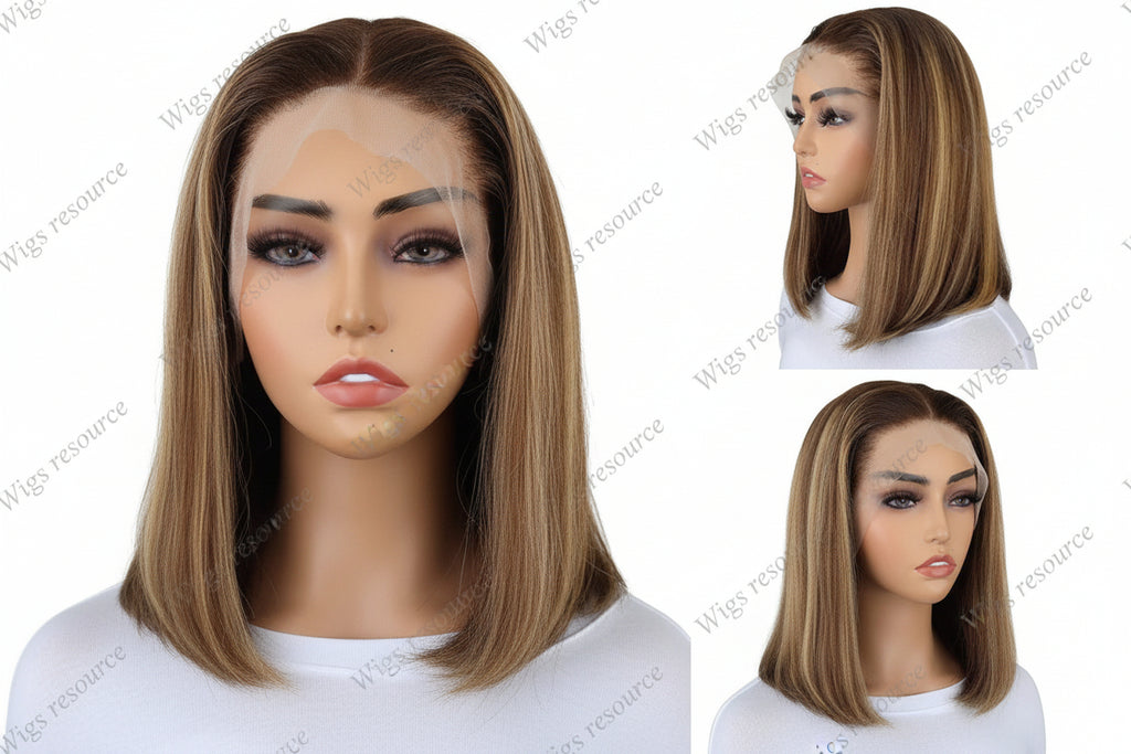 Glueless Transparent Lace Front Short Bob Wig - Brazilian Human Hair, HD Lace Frontal, Straight (P4/27), 13x4 Lace Size"