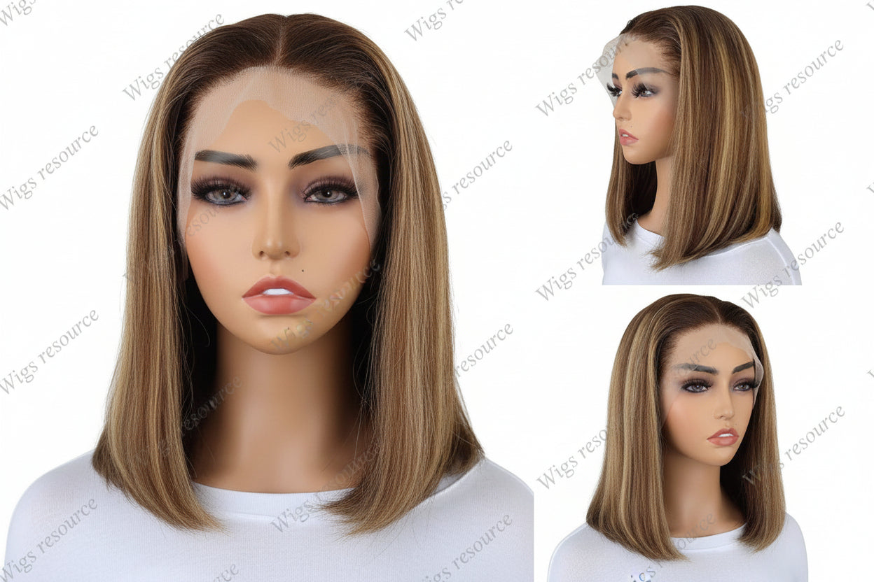 Glueless Transparent Lace Front Short Bob Wig - Brazilian Human Hair, HD Lace Frontal, Straight (P4/27), 13x4 Lace Size"