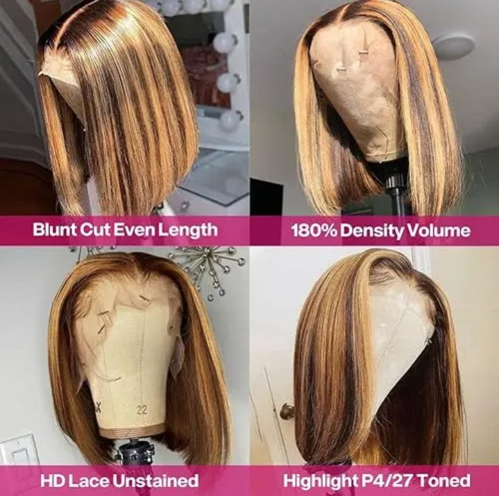 Glueless Transparent Lace Front Short Bob Wig - Brazilian Human Hair, HD Lace Frontal, Straight (P4/27), 13x4 Lace Size"